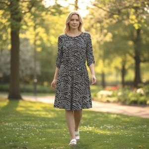 French Grey Black White Polka Dot 3/4 Sleeve Midi Dress Womens Size S